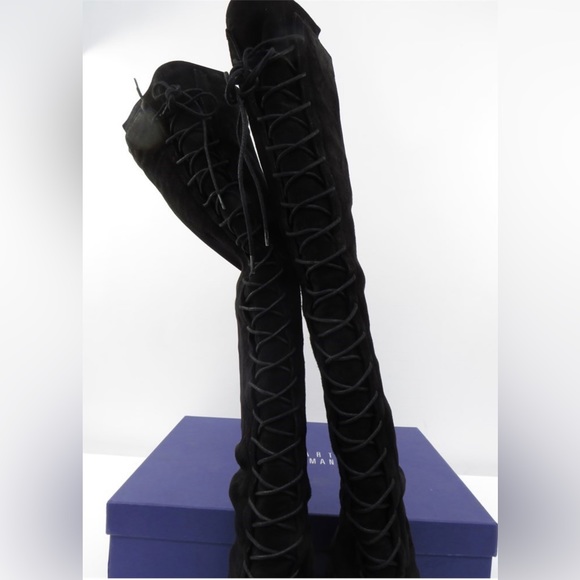 Stuart Weitzman Highstrung Suede Black Boots Stretch Knee Thigh Hi Lace Up Sz 10 - Picture 3 of 11